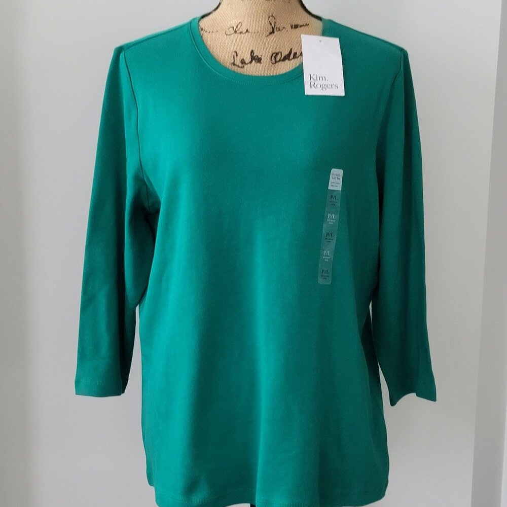 ***Kim Rogers Green Perfectly Soft  100% Cotton T-Shirt 3/4  Sleeves NWT***